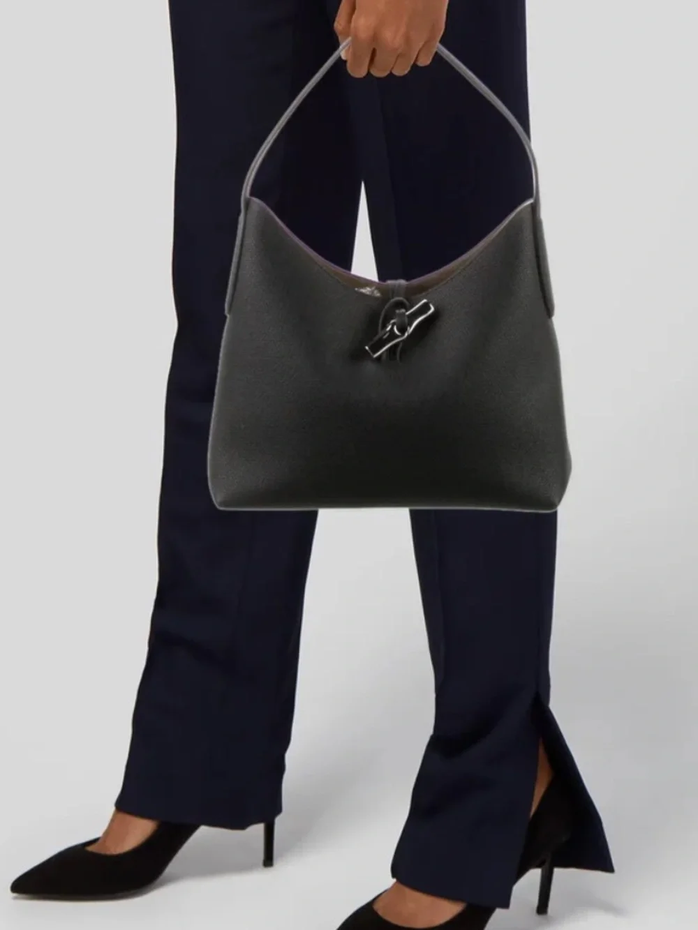 Longchamp Le Roseau Black Grained Cowhide Leather Small Hobo Bag NWOT RARE